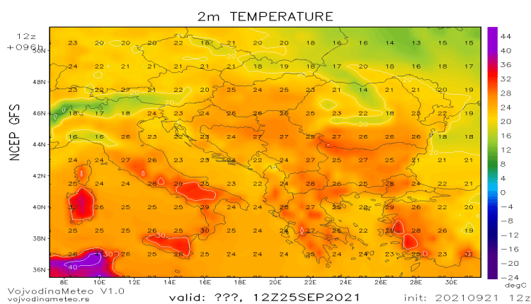 Dnevne temperature u subotu (GFS)