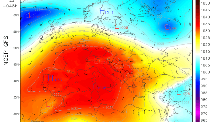 GFS - Anticiklon nad većim delom Evrope u sredu