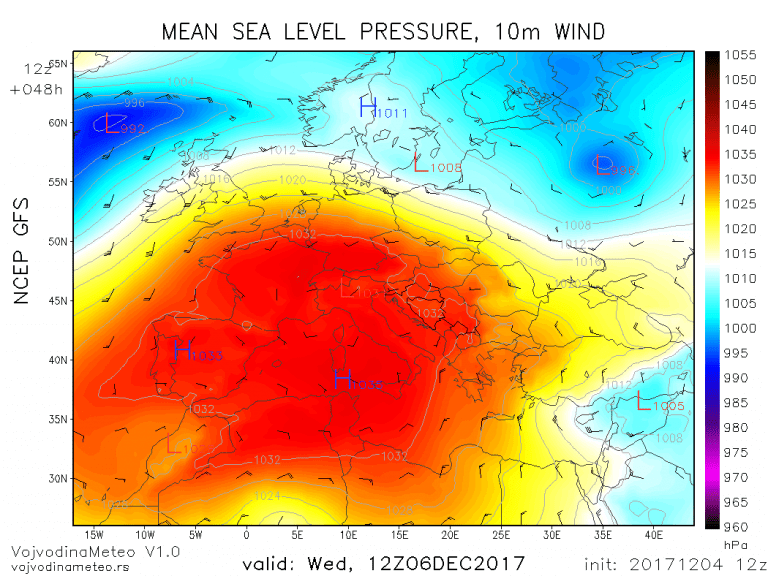 GFS - Anticiklon nad većim delom Evrope u sredu