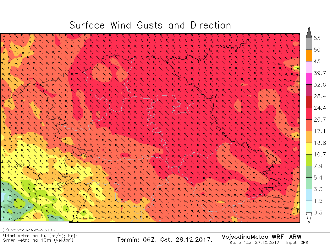 Olujni udari jugoistočnog vetra u četvrtak ujutru (ARW)