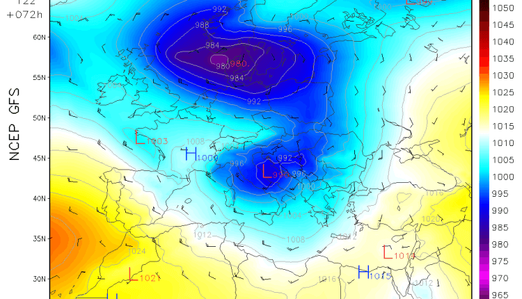 Sinoptička situacija u četvrtak sredinom dana - ciklon u Jadranu (GFS)