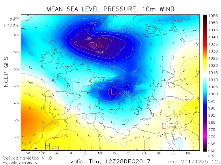 Sinoptička situacija u četvrtak sredinom dana - ciklon u Jadranu (GFS)