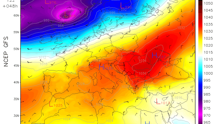 Anticiklon dominira većim delom Evrope u sredu (GFS)