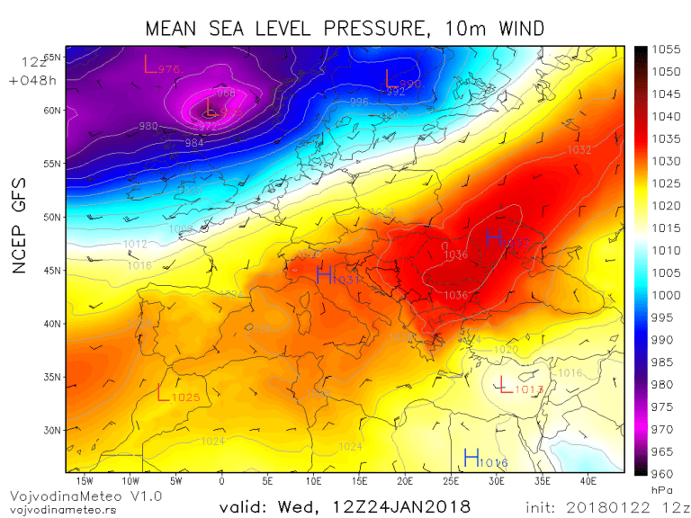 Anticiklon dominira većim delom Evrope u sredu (GFS)