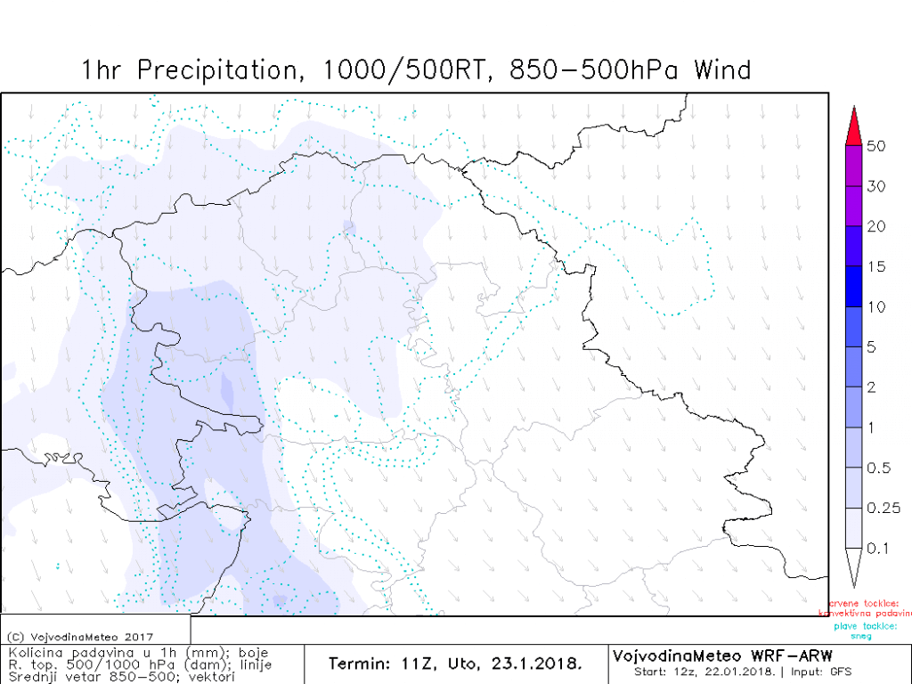 Mestimično provejavanje snega, uglavnom u zapadnim predelima (ARW)