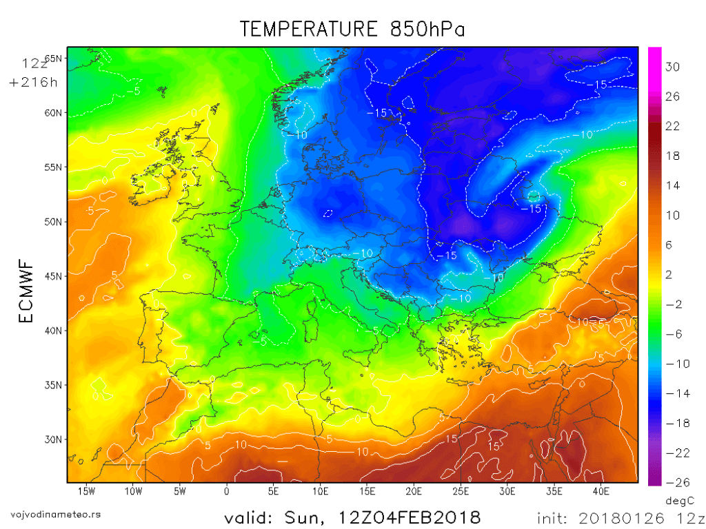 Temp 850hPa (ECMWF) - 4. februar 2018
