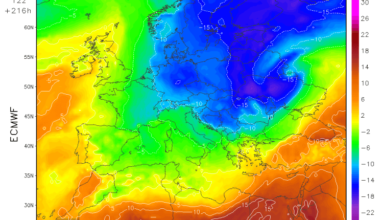 Temp 850hPa (ECMWF) - 4. februar 2018
