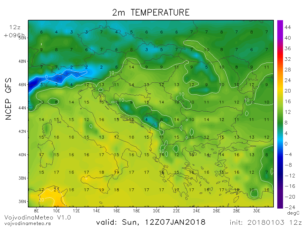 Temperature u regionu u nedelju (GFS)