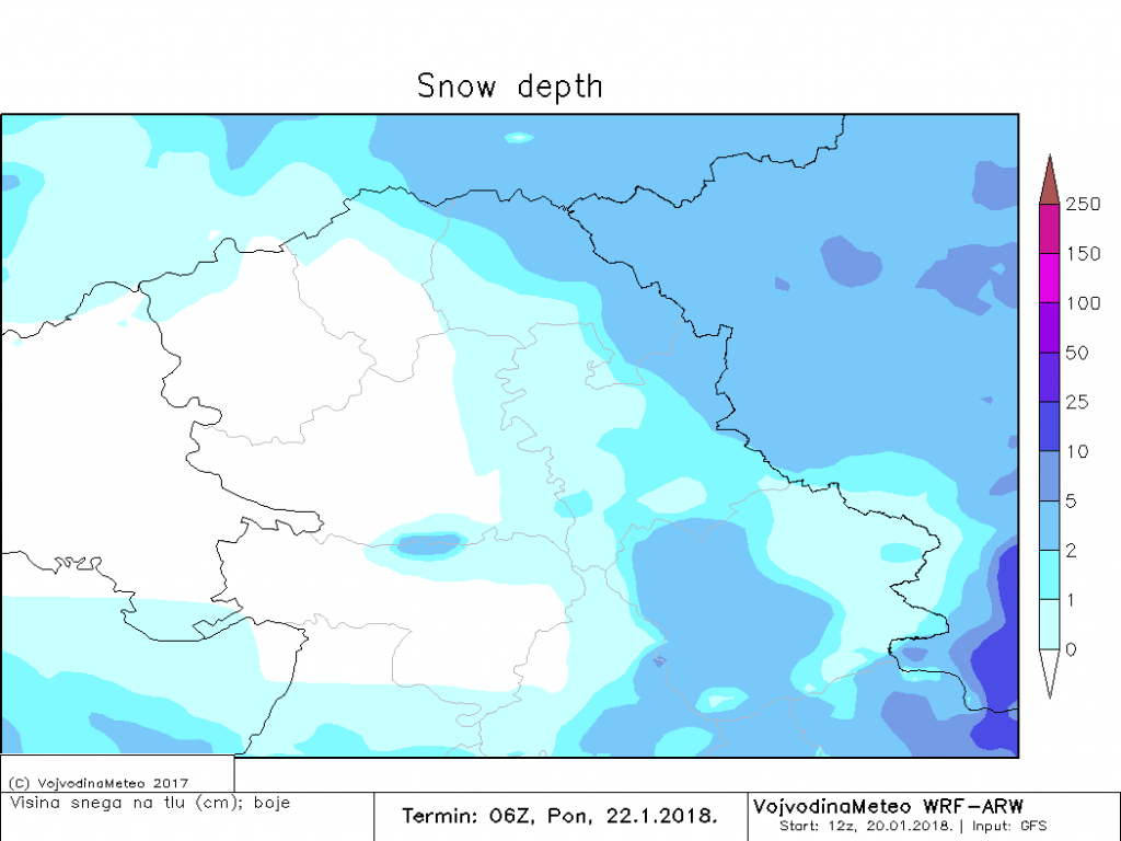 Visina snežnog pokrivača u ponedeljak ujutru (ARW model)