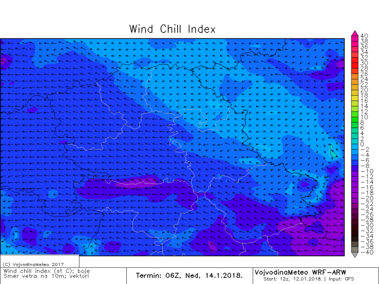 Windchill (subjektivni osećaj temperature) u nedelju ujutru (ARW)