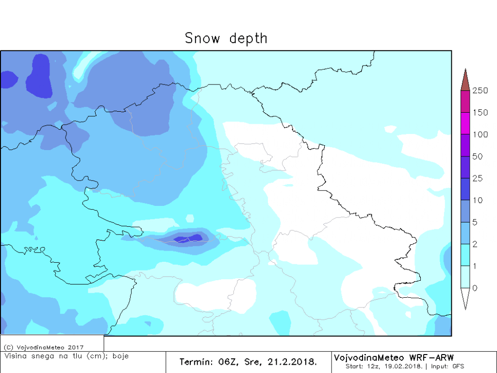 Optimističan proračun visokorezolucijskog modela za količinu snega u Bačkoj i na Fruškoj Gori u sredu ujutru (ARW)