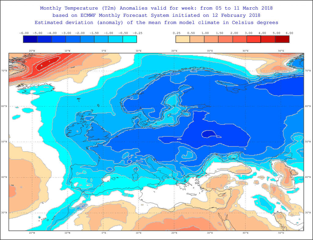 Očekivano odstupanje temperature za period 5 - 11. mart (ECMWF)