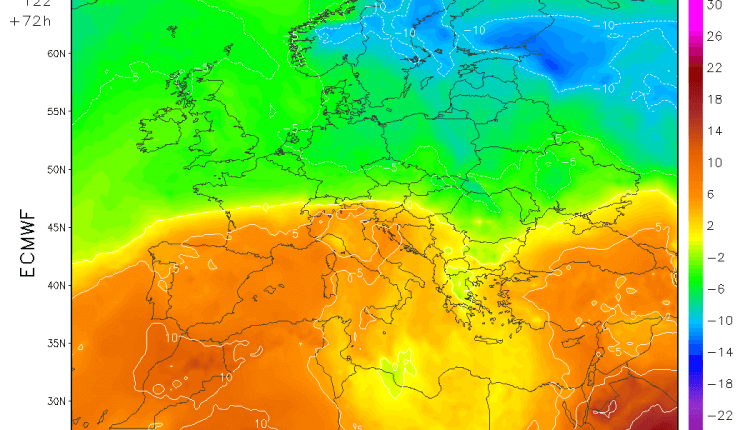 Temp na 1500m u petak (ECMWF)