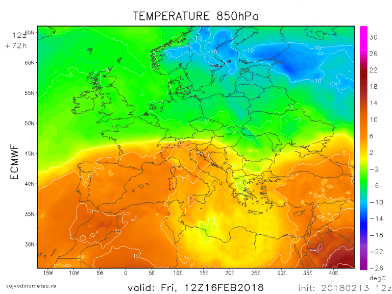 Temp na 1500m u petak (ECMWF)