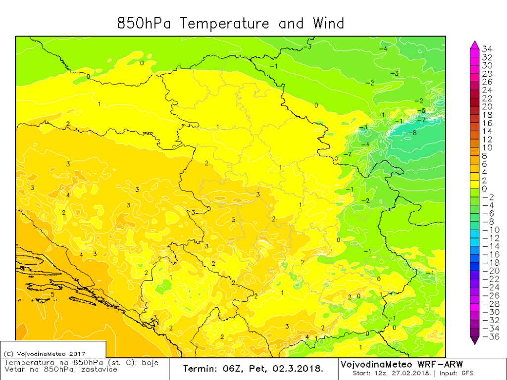 Temperatura na cca1500m u petak ujutru (ARW)