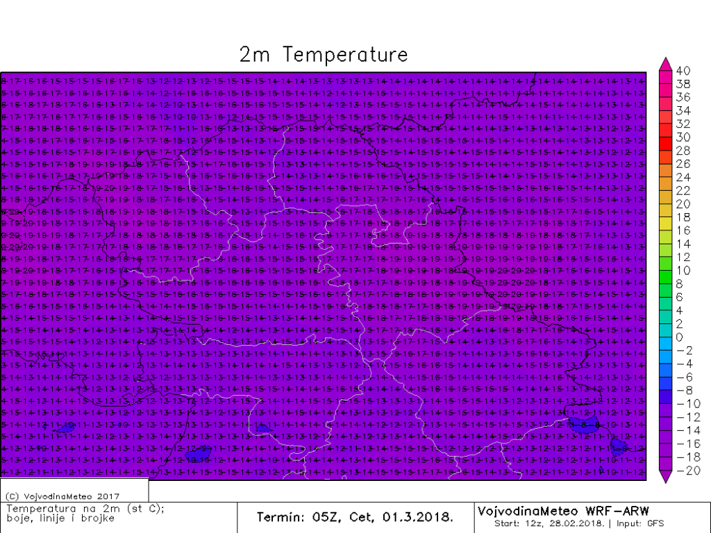 Temperature u Vojvodini u 6h po lokalnom vremenu (ARW)