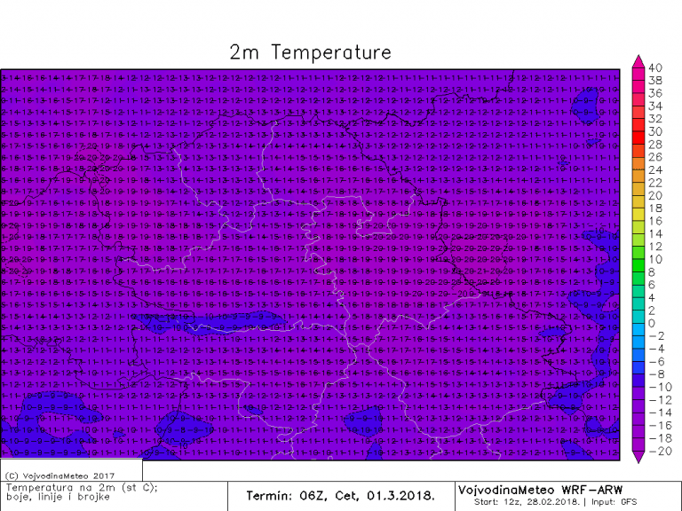Temperature u Vojvodini u 7h po lokalnom vremenu (ARW)