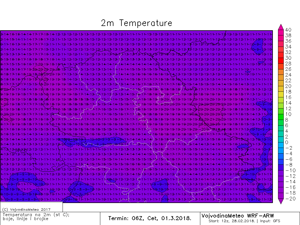 Temperature u Vojvodini u 7h po lokalnom vremenu (ARW)