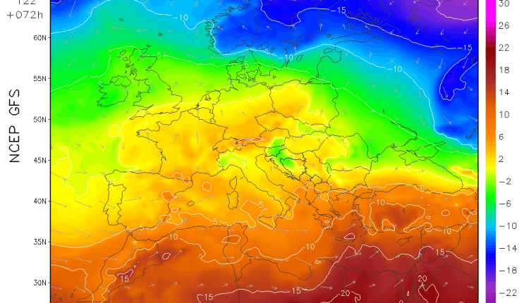 Otopljenje u ponedeljak stiže u veći deo Evrope (GFS)