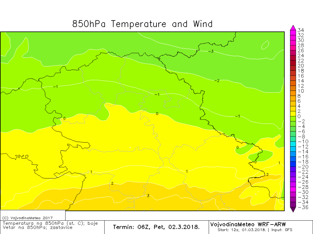Temperatura na 1500m ujutru, žuta i naročito narandžasta zona u opasnosti (ARW)