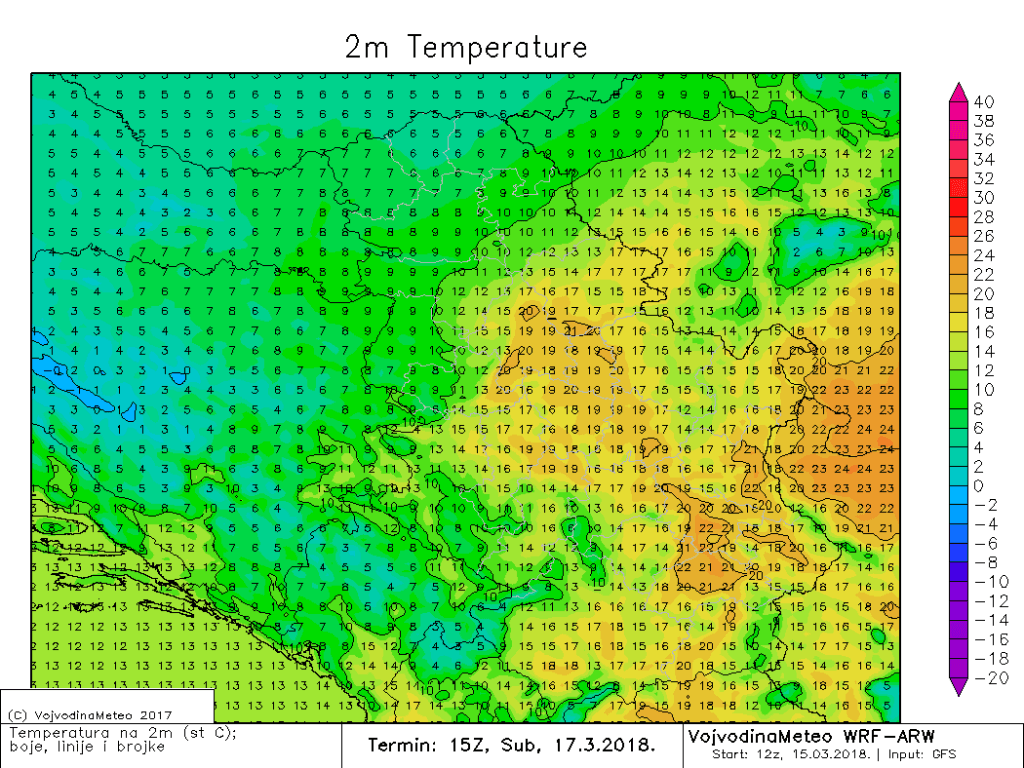 Temperatura na 2m poslepodne u subotu (ARW)