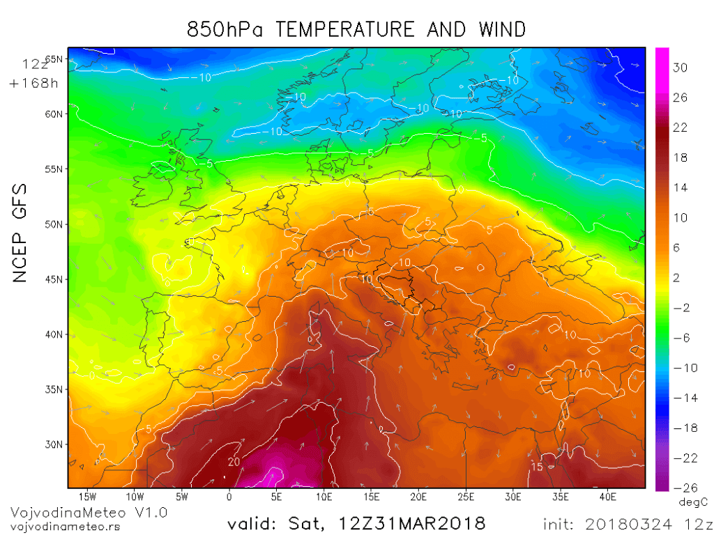 Temperatura na oko 1500m 31. marta (GFS)