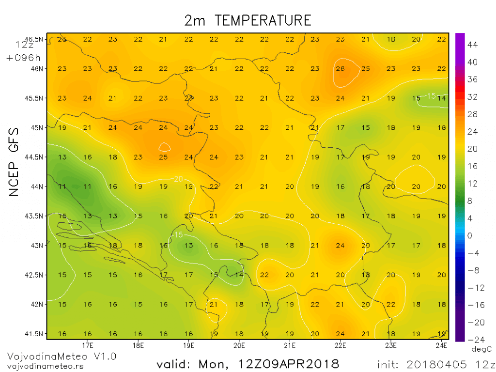 Maksimalne temperature u ponedeljak (GFS)