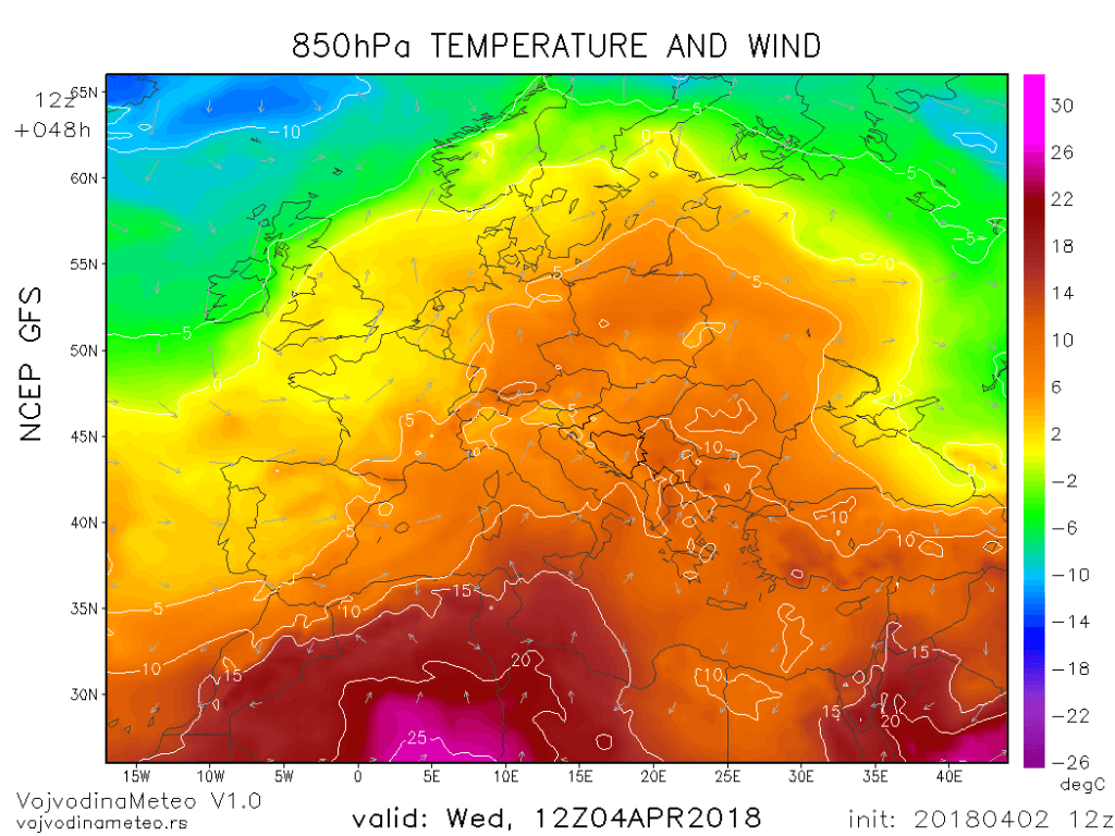 Topla vazdušna masa iznad većeg dela Evrope u sredu (GFS)