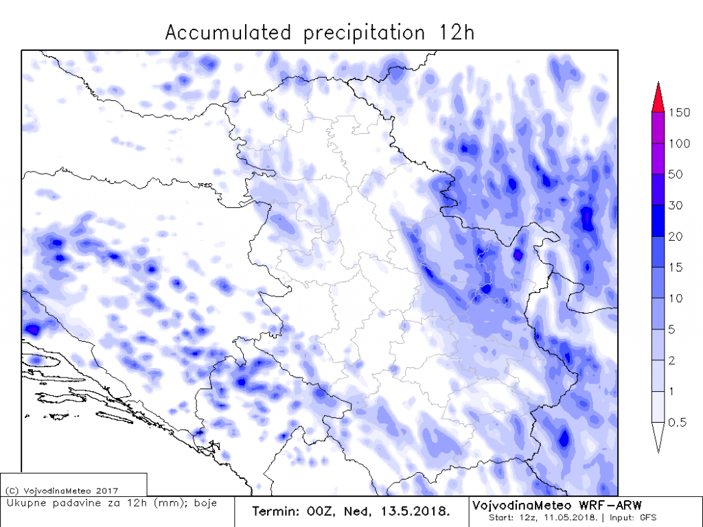 Lokalne padavine u subotu poslepodne širom zemlje (ARW)