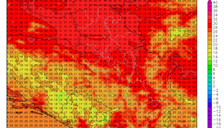Maksimalne temperature u četvrtak u Srbiji (ARW)