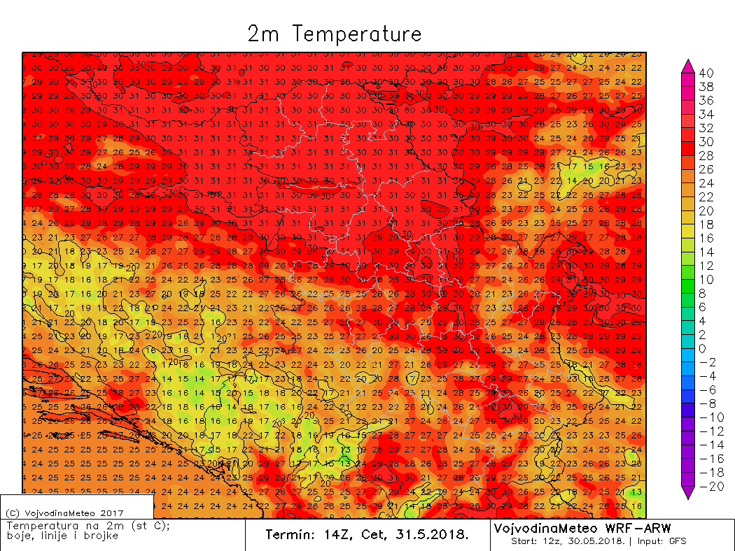 Maksimalne temperature u četvrtak u Srbiji (ARW)