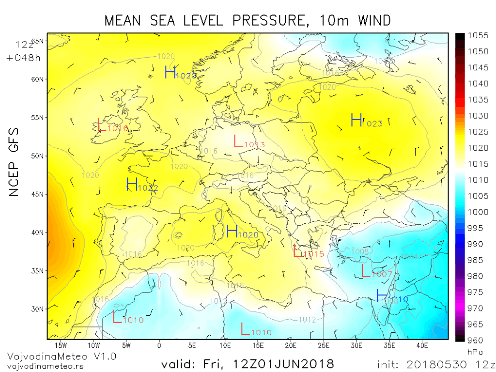 Sinoptička situacija u Evropi u petak (GFS) - 1. jun 2018