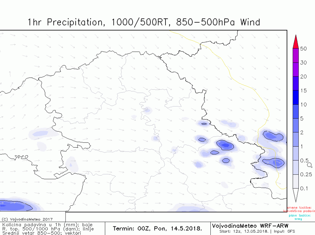 Padavine na 1h - ARW model za ponedeljak 14. maj