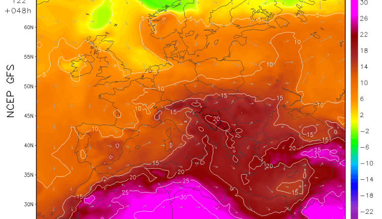 Jezik toplog vazduha iznad Balkana u utorak (GFS)