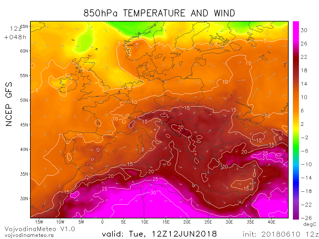 Jezik toplog vazduha iznad Balkana u utorak (GFS)