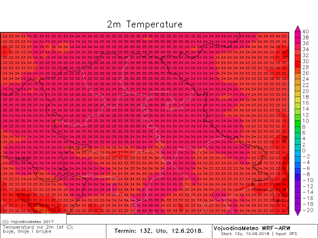 Maksimalne temperature u utorak po ARW modelu