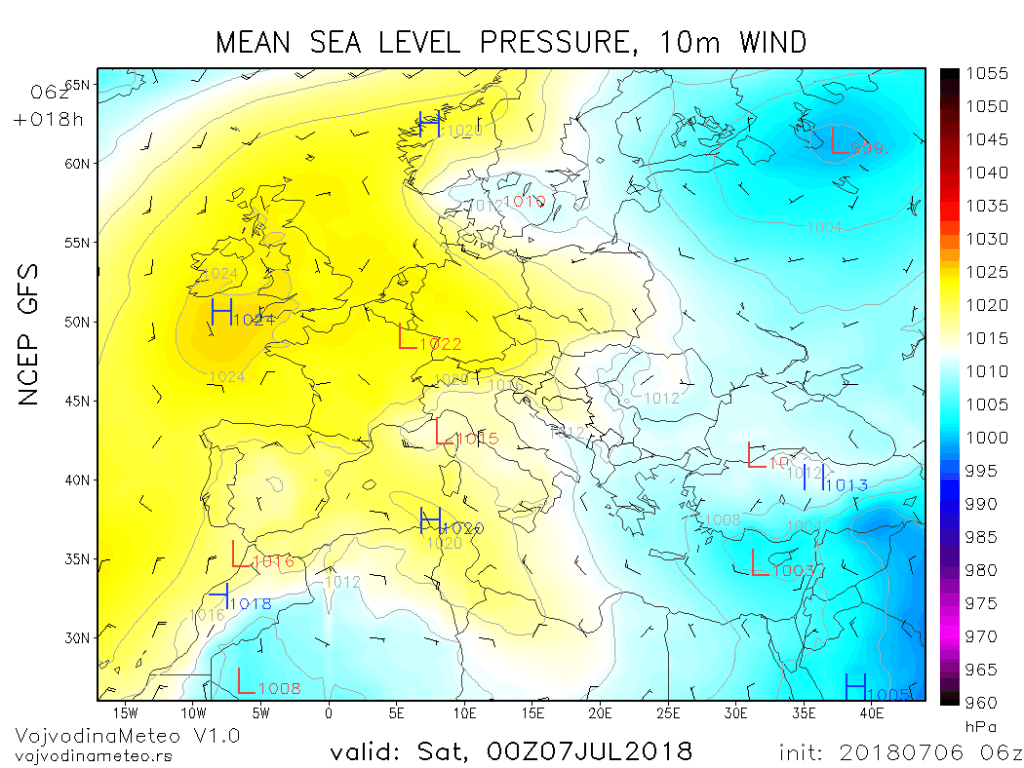 Sinoptička situacija u noći ka subotu (GFS)