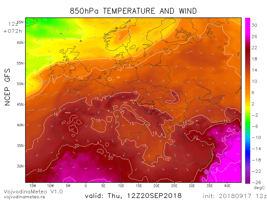 Topla vazdušna masa pokriva veći deo Evrope (GFS)
