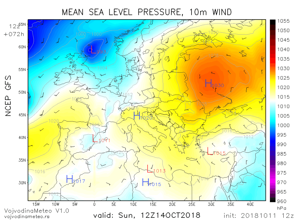 Sinoptička situacija u nedelju 14. oktobra (GFS)