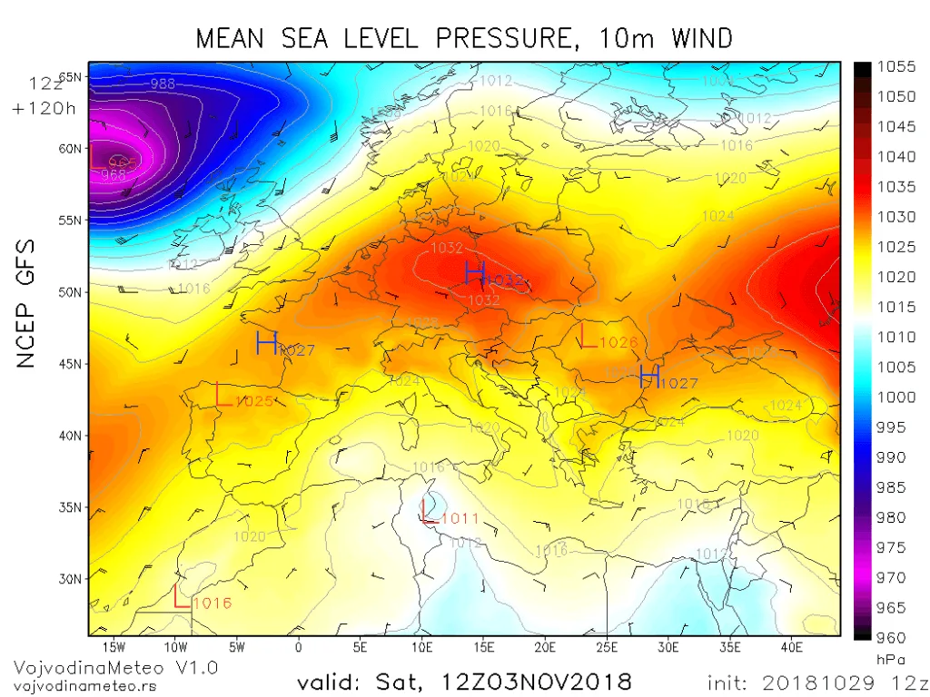 Sinoptička situacija u subotu 3. nov (GFS)