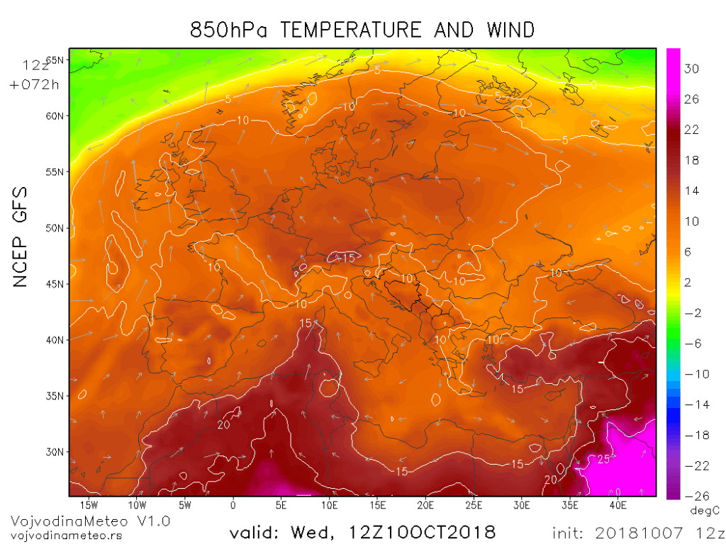 Topla vazdušna masa dominira Evropom - sreda 10. oktoabar (GFS)