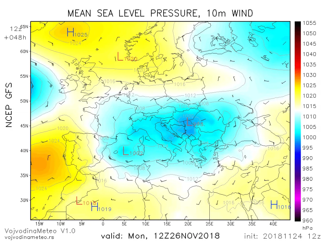 Centar ciklona će u ponedeljak biti iznad našeg područja (GFS)