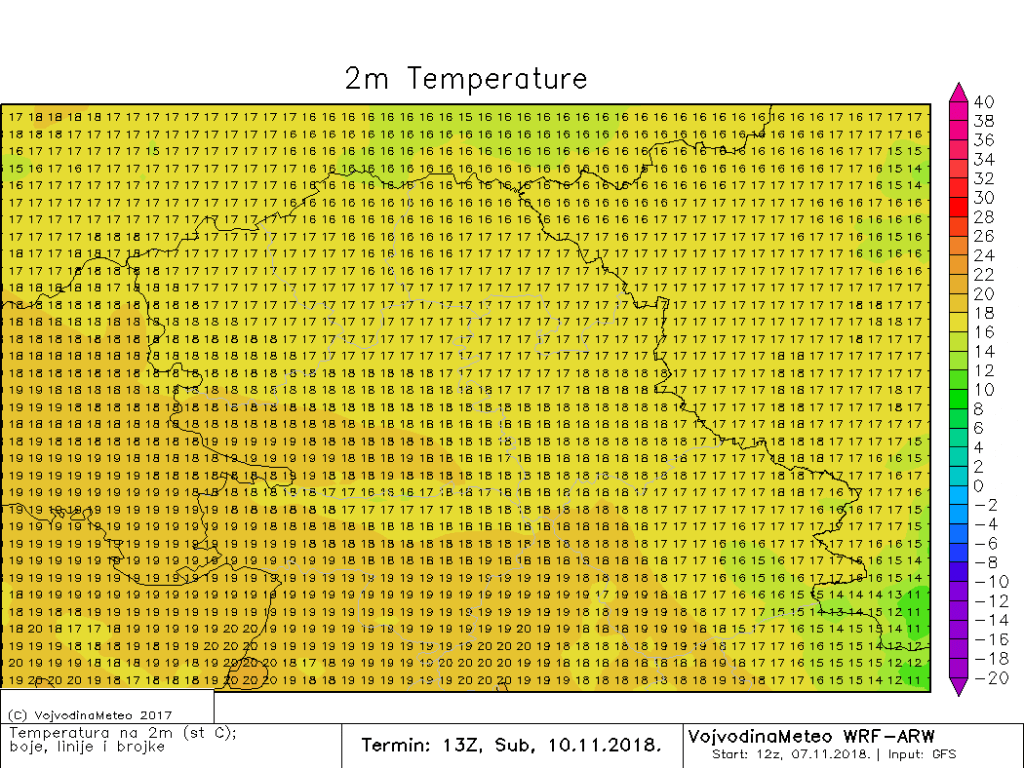 Maksimalne dnevne temperature u subotu (ARW)
