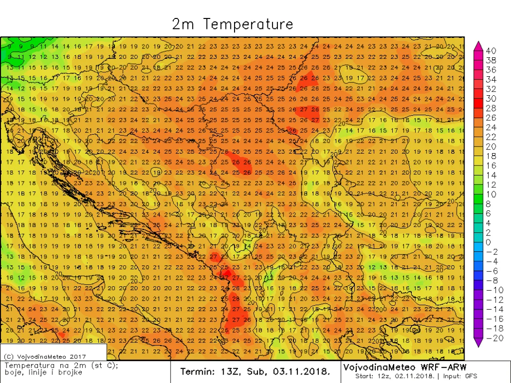 Maksimalne temperature u regionu sutra (ARW)