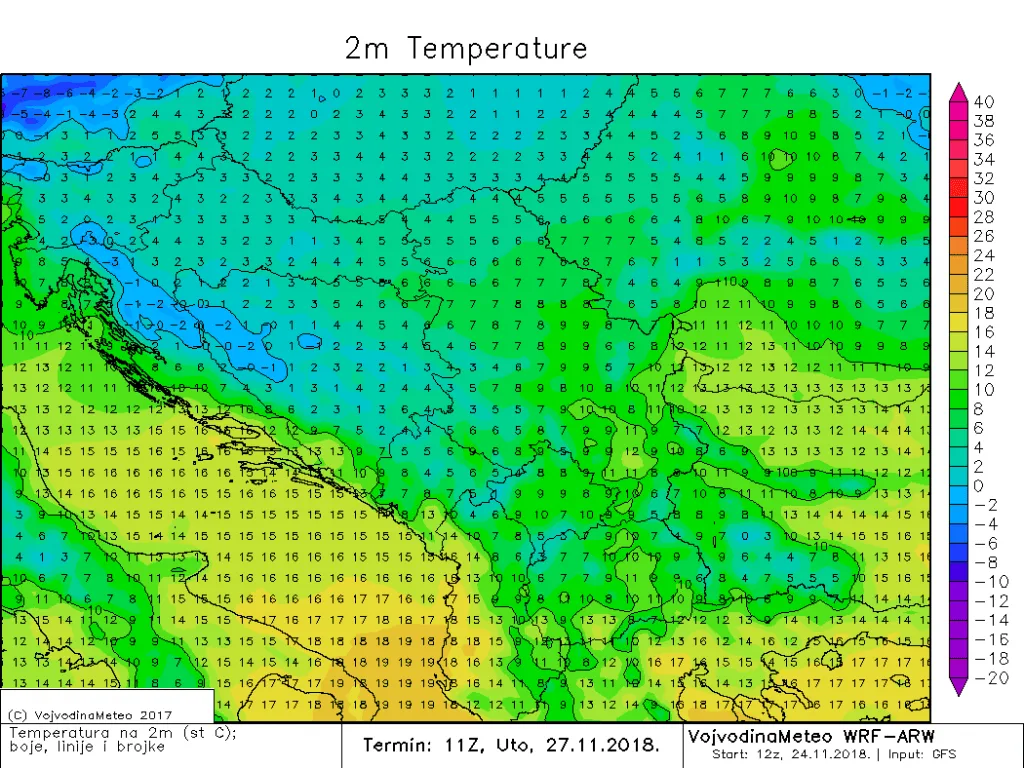 Temperature u regionu u utorak sredinom dana (ARW)