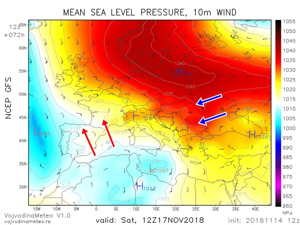 Zimski anticiklon u subotu 17. novembra (GFS)
