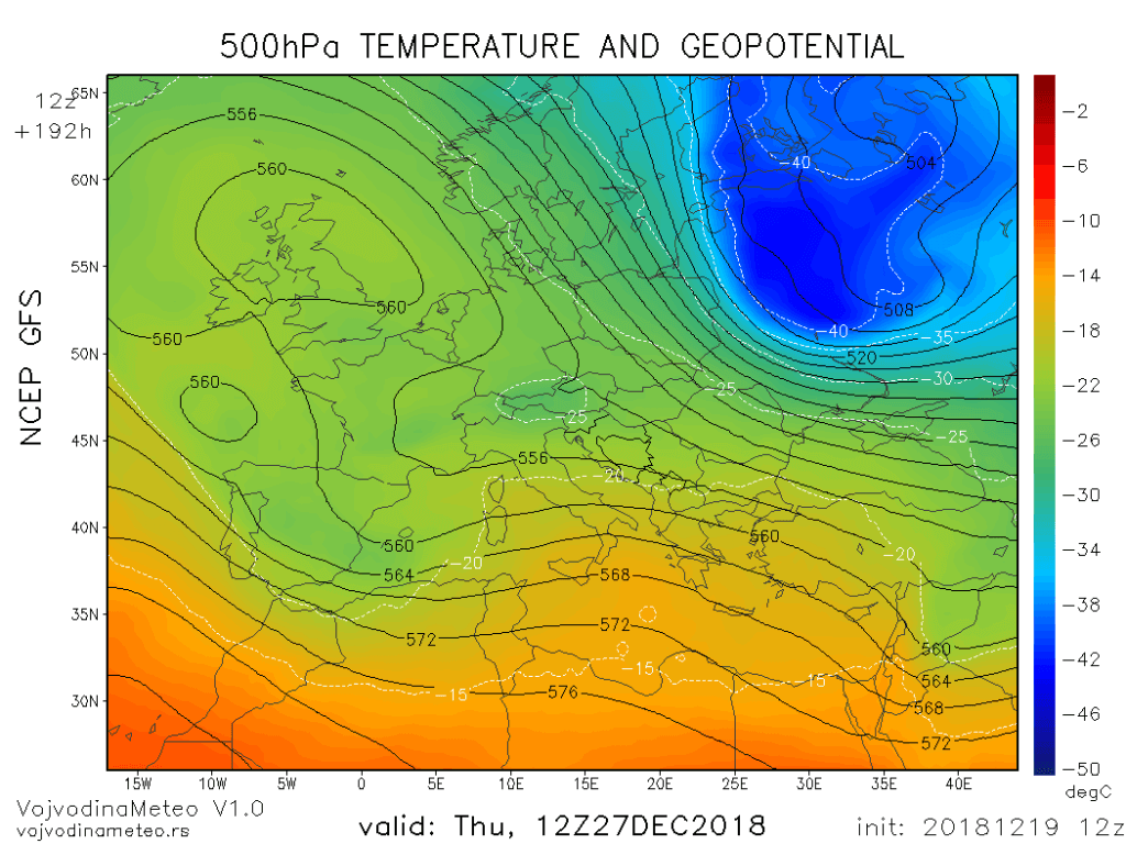 Geopotencijal i temperatura na 500hPa u četvrtak 27. dec (GFS)