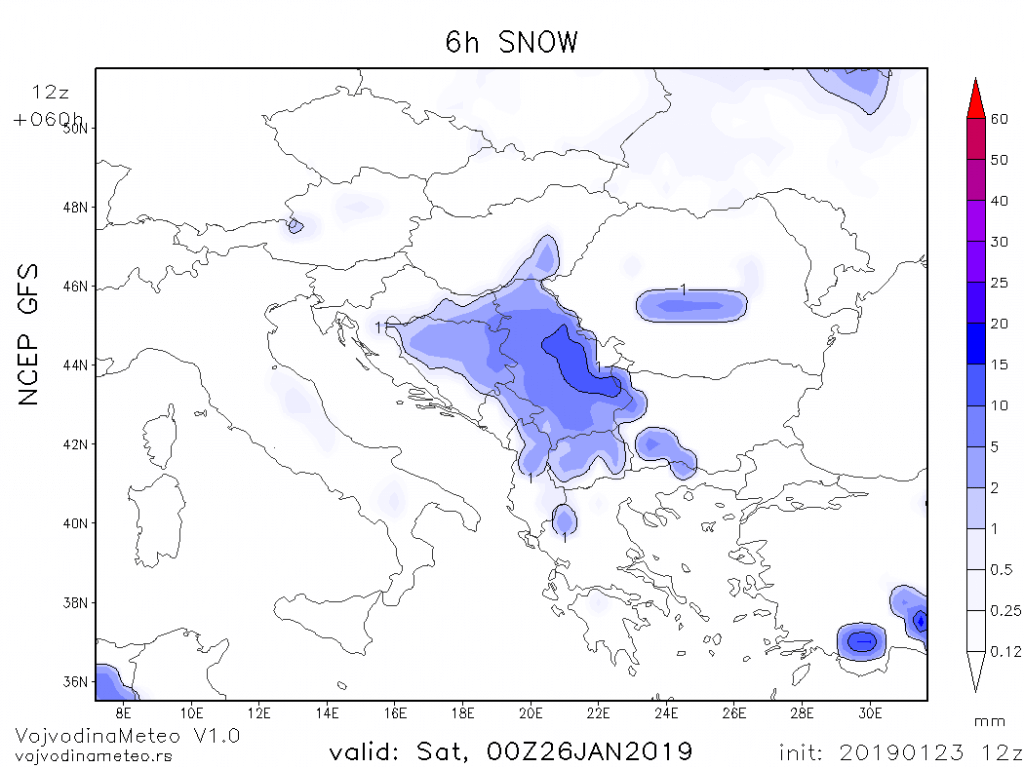 Položaj snežnih padavina u petak uveče (GFS)