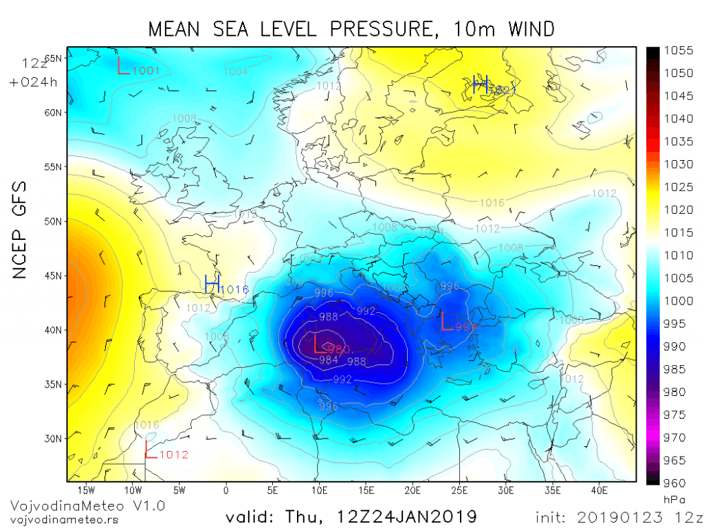 Pozicija dubokog ciklona u četvrtak sredinom dana (GFS)
