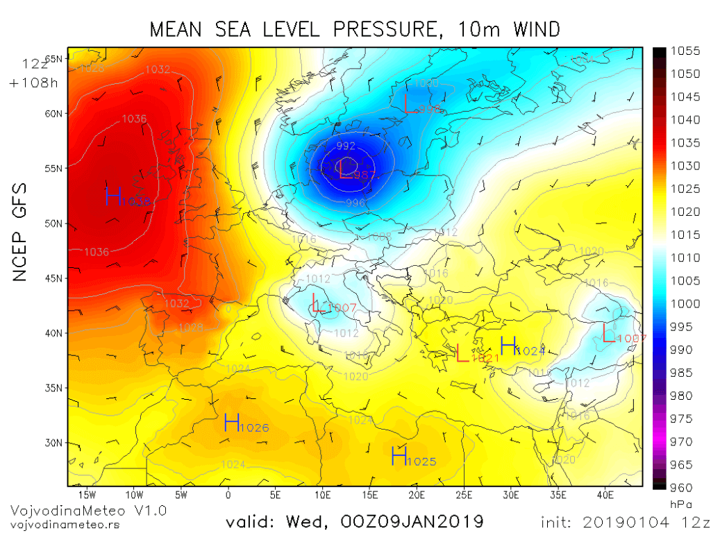 Sinoptička situacija u noći ka sredi (GFS)